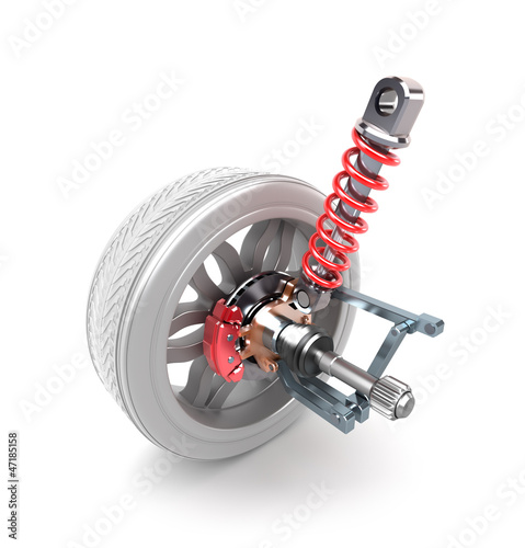 Wheel, shock absorber and brake pads over white