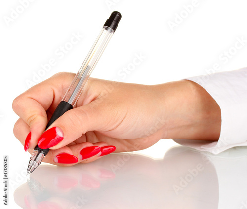 Hand signing with pen isolated on white