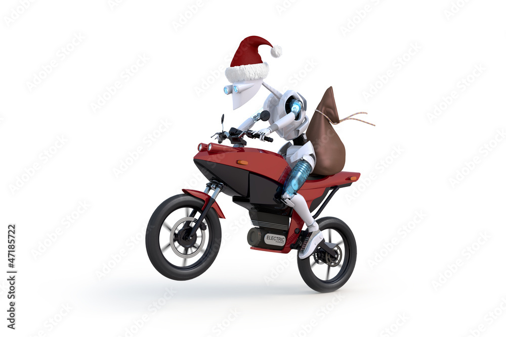 Robot with Santa Hat Riding Motorcycle
