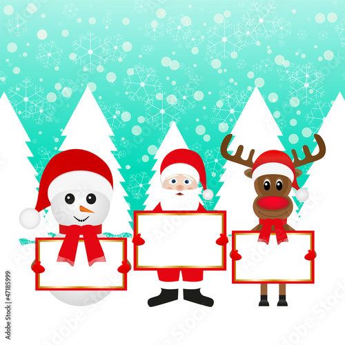 Snowman Santa Claus and Christmas reindeer with a poster