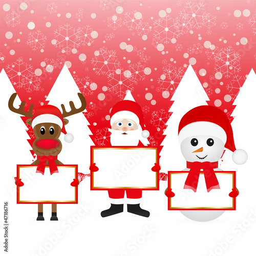 Santa Claus Christmas deer and snowman in a fairy forest