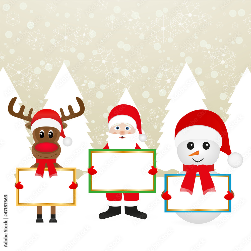 Santa Claus Christmas reindeer and snowman in a fairy forest Santa Claus Christmas reindeer and snowman in a fairy forest