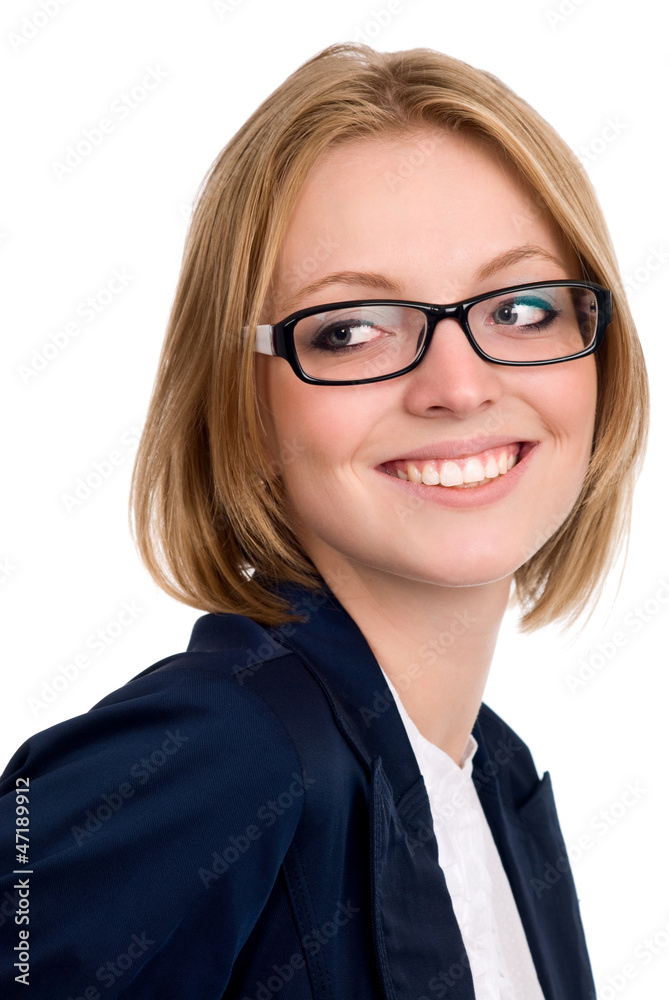Closeup of cheerful pretty business woman laughing