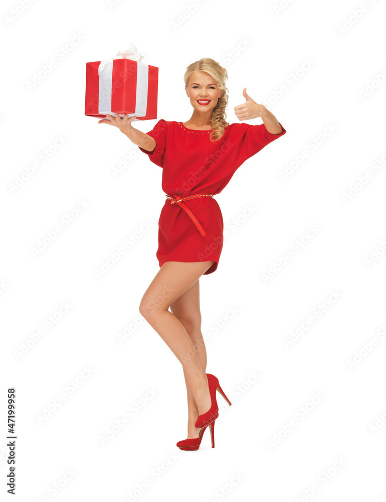 woman in red dress with gift box woman in red dress with gift box