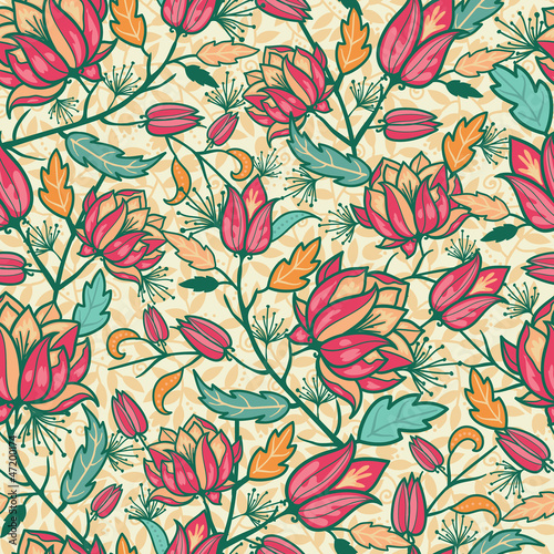 Vector Colorful flowers and leaves elegant seamless pattern