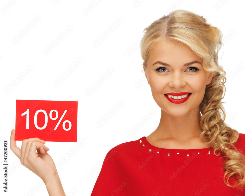 lovely woman in red dress with discount card lovely woman in red dress with discount card