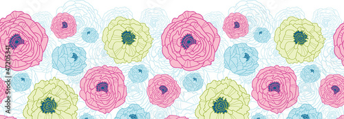 Vector floral line art horizontal seamless pattern ornament with