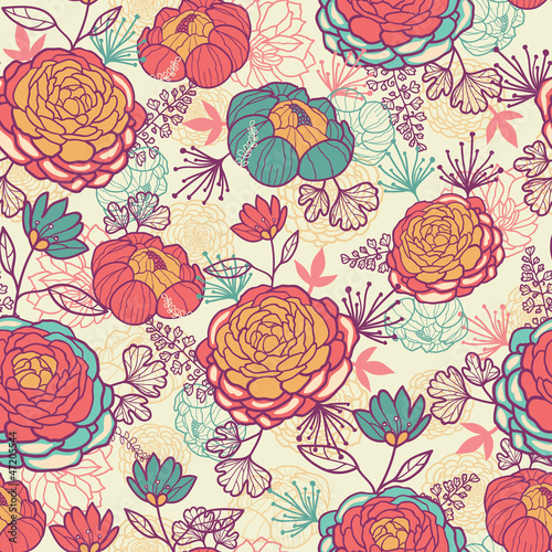 Vector peony flowers and leaves elegant seamless pattern