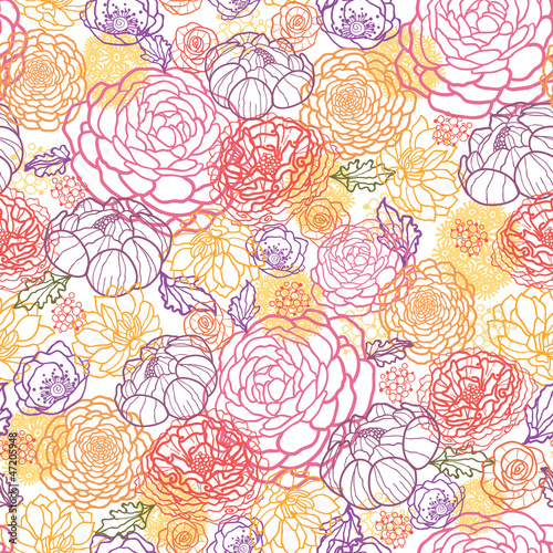 Vector floral line art seamless pattern with hand drawn flowers