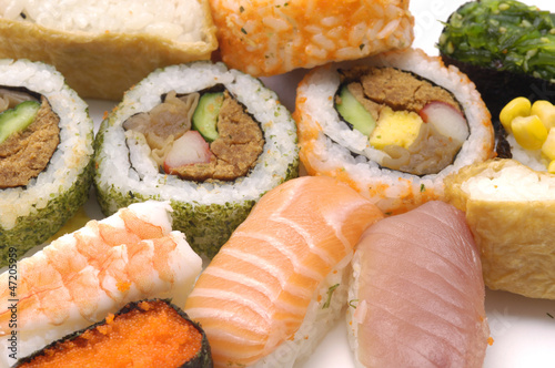 Close up many tasty fresh Japanese sushi