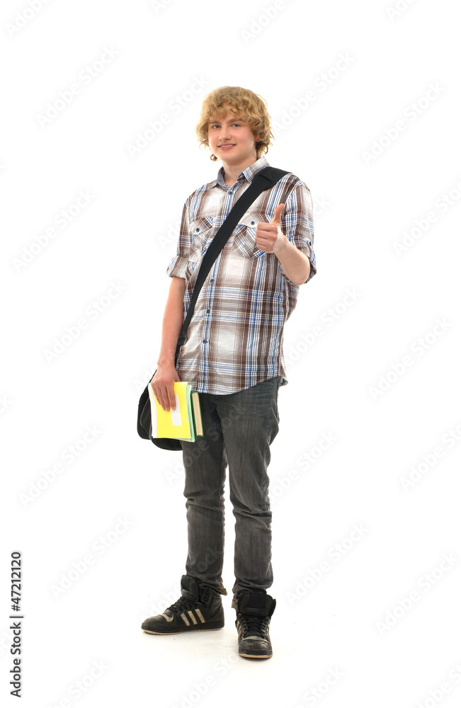 A happy teenager in modern clothers on a white background A happy teenager in modern clothers on a white background