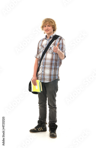 A happy teenager in modern clothers on a white background