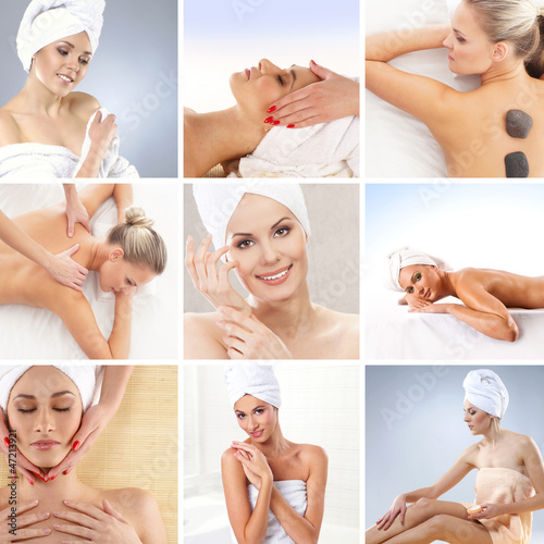 A collage of young and attractive women on spa procedures