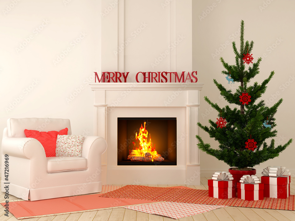 Christmas fireplace with chair and tree Christmas fireplace with chair and tree