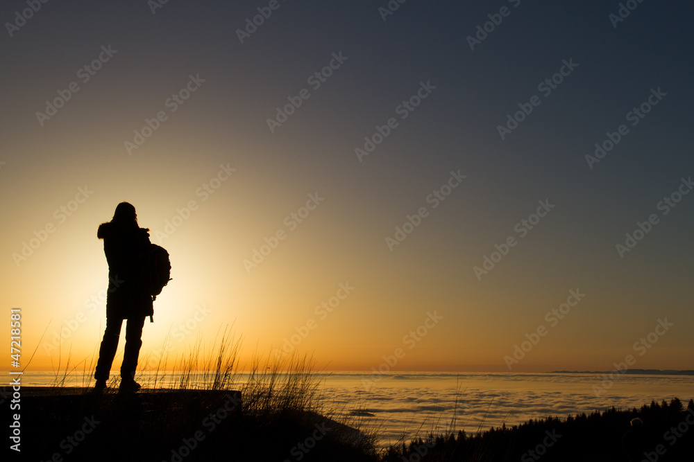 silhouette of woman standing in sunset