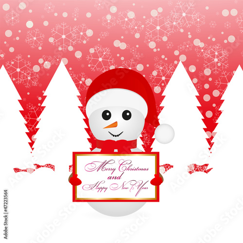 Snowman with a sign in the woods on a background of red sky