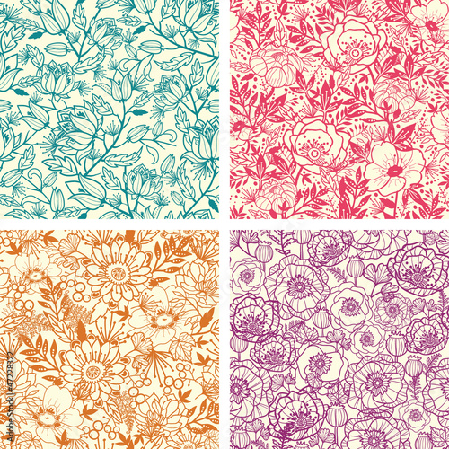 Vector set of four floral line art seamless pattern background