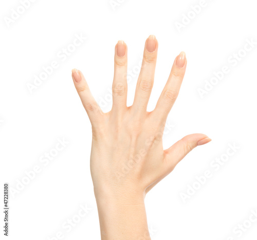 Manicured female hand gesture number five fingers up