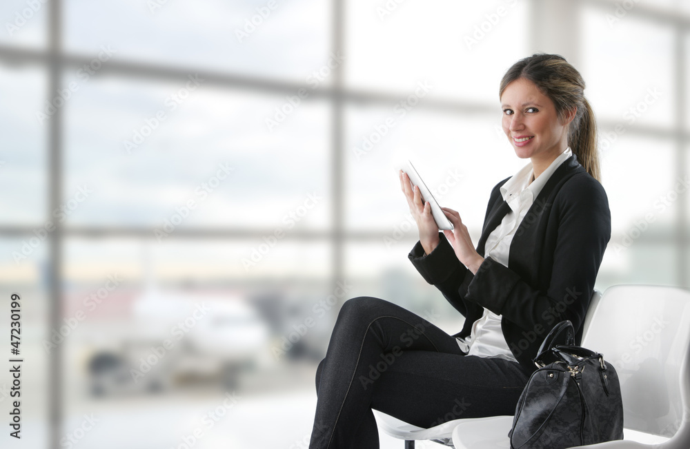 Businesswoman using tablet computer at departure lounge Businesswoman using tablet computer at departure lounge