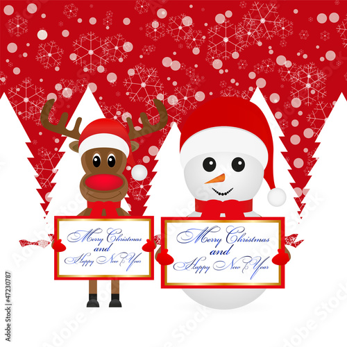 Snowman and Christmas reindeer with banners in a snowy forest