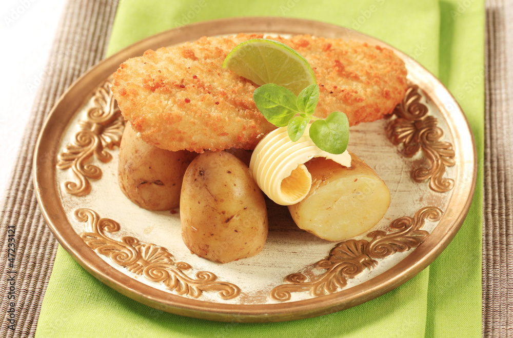Fried fish with new,potatoes