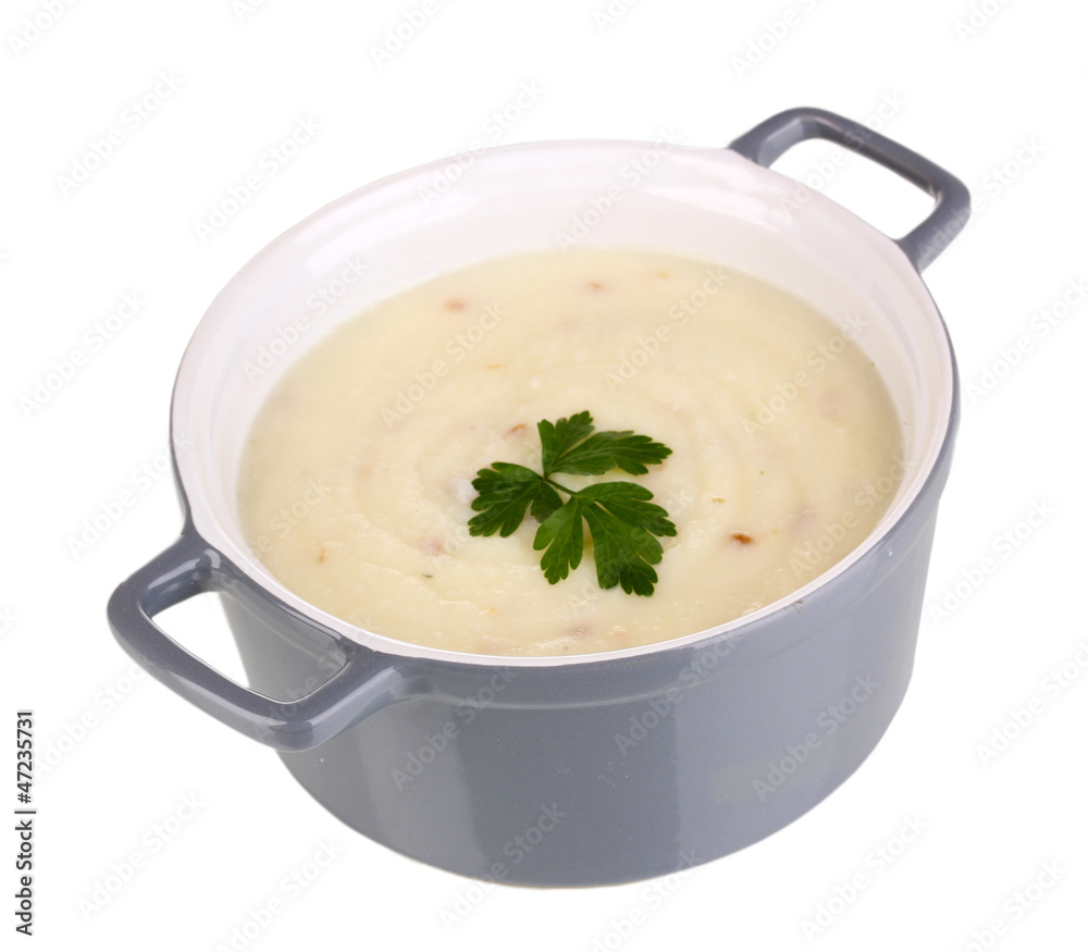 Mashed potatoes in saucepan isolated on white Mashed potatoes in saucepan isolated on white