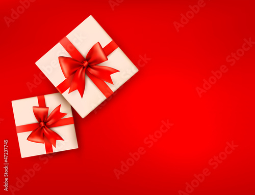 Red holiday background with gift boxes with red bow. Vector illu