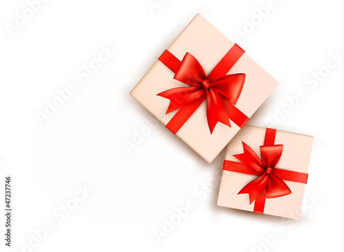Holiday background with gift boxes with red bow. Vector illustra