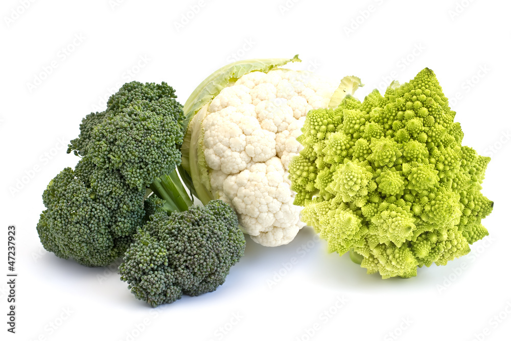 Fresh uncooked broccoli, cauliflower and romanesco on white Fresh uncooked broccoli, cauliflower and romanesco on white