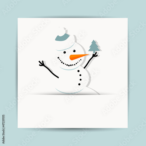 Happy snowman with christmas tree, postcard design