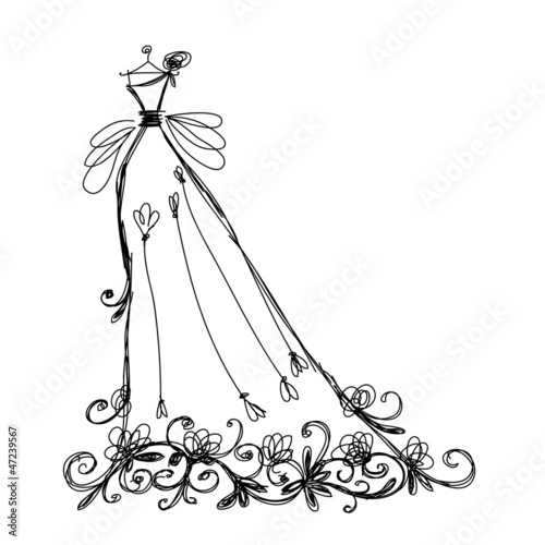Sketch of bridal dress with floral ornament for your design