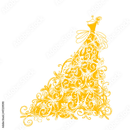 Sketch of golden dress with floral ornament for your design