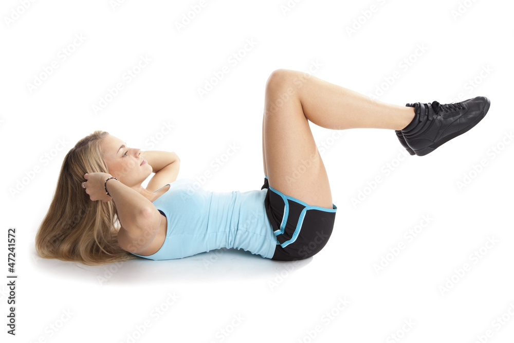 Bauchmuskeltraining von blonder Frau Bauchmuskeltraining von blonder Frau