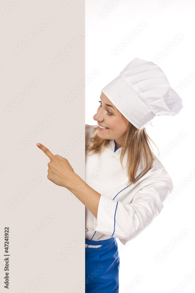 Cook shows on a placard in a studio Cook shows on a placard in a studio