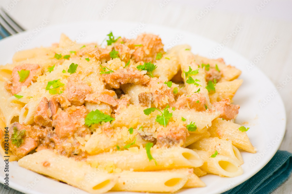 Pasta penne with salmon