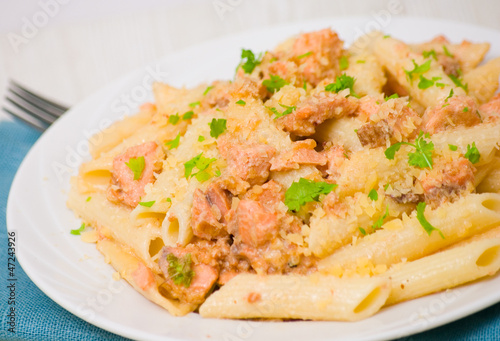 Pasta penne with salmon