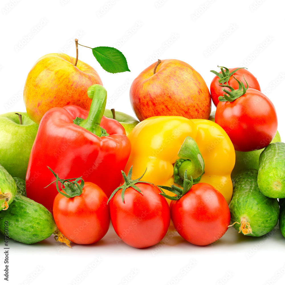 Composition of fruits and vegetables on white