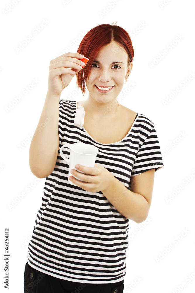 Young woman drinking tea on white background Young woman drinking tea on white background
