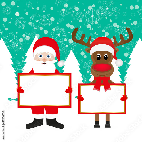 Santa and Christmas reindeer with signs in the forest