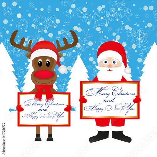 Christmas reindeer and Santa Claus in the woods