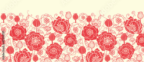 Vector red poppy flowers horizontal seamless pattern ornament