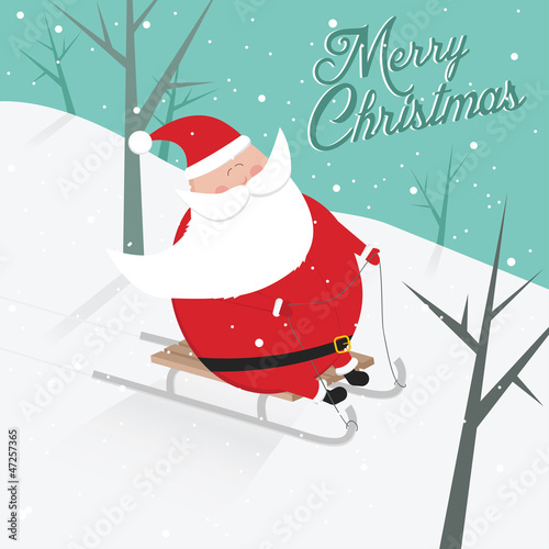 Funny vintage merry christmas sledging Santa Claus postcard