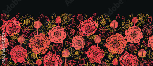 Fototapeta Naklejka Na Ścianę i Meble -  Vector red and black poppy flowers horizontal seamless ornament