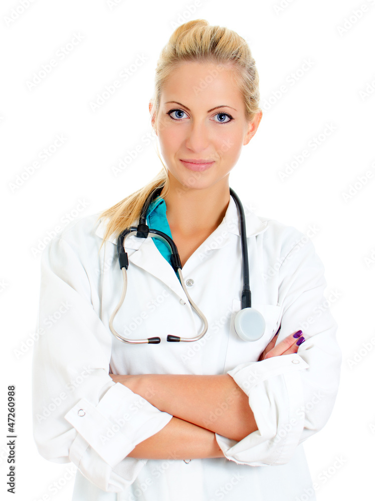Young female doctor with crossed arms. Isolated on white Young female doctor with crossed arms. Isolated on white