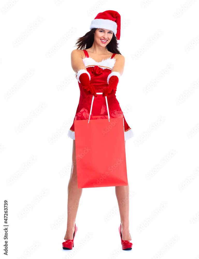 Santa helper Christmas girl with shopping bags. Santa helper Christmas girl with shopping bags.