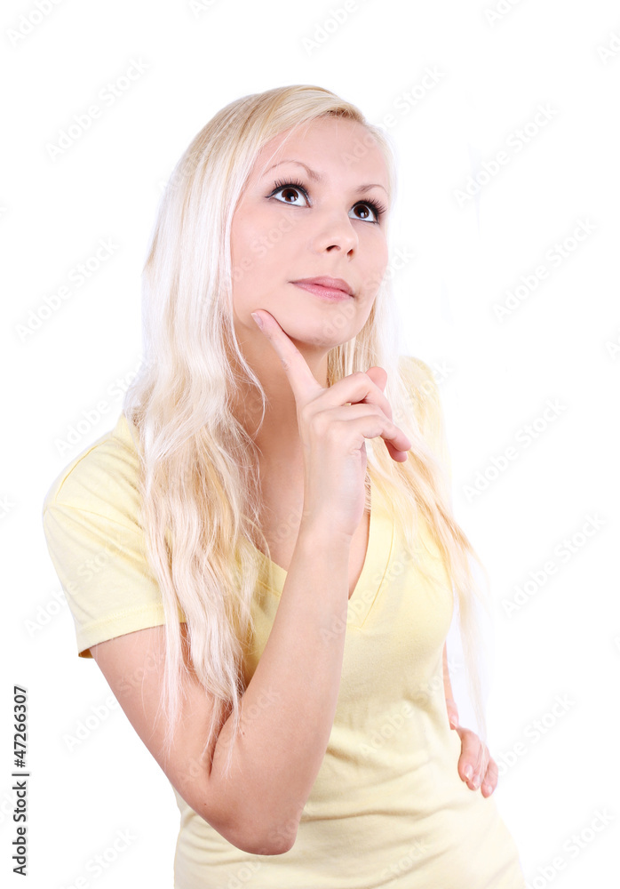 blonde young woman thinking, isolated on white