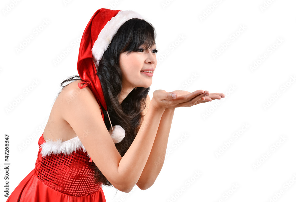 Santa woman holding a white poster Santa woman holding a white poster