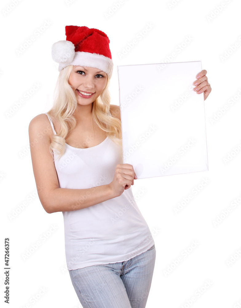Santa girl holding white board with space for text isolated