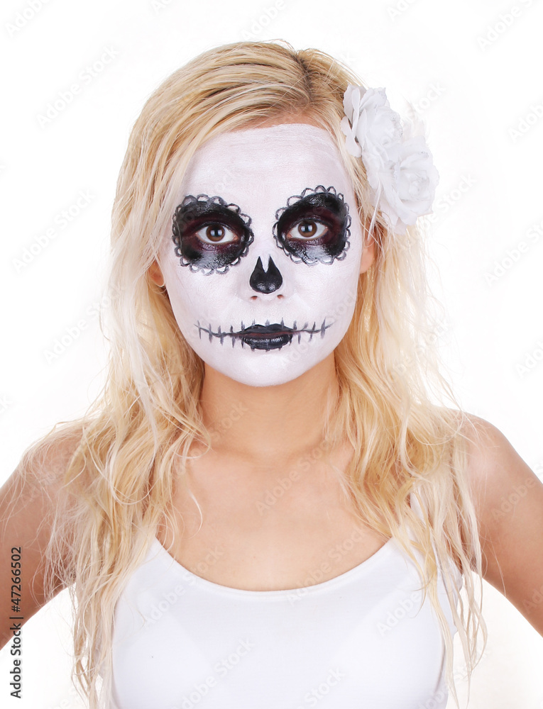 Young Girl In Skull Makeup For Halloween Isolated Stock Photo | Adobe Stock