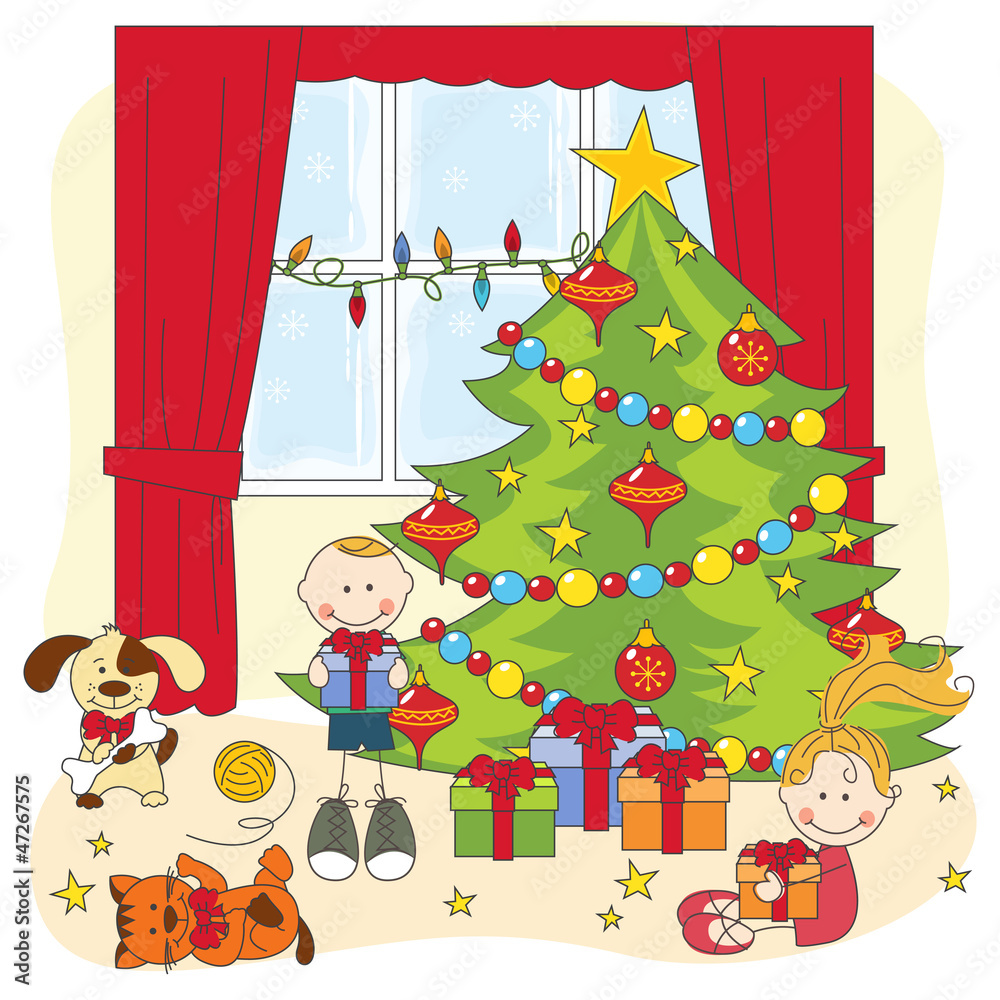 Christmas illustration. Kids opening gifts. Hand drawing.